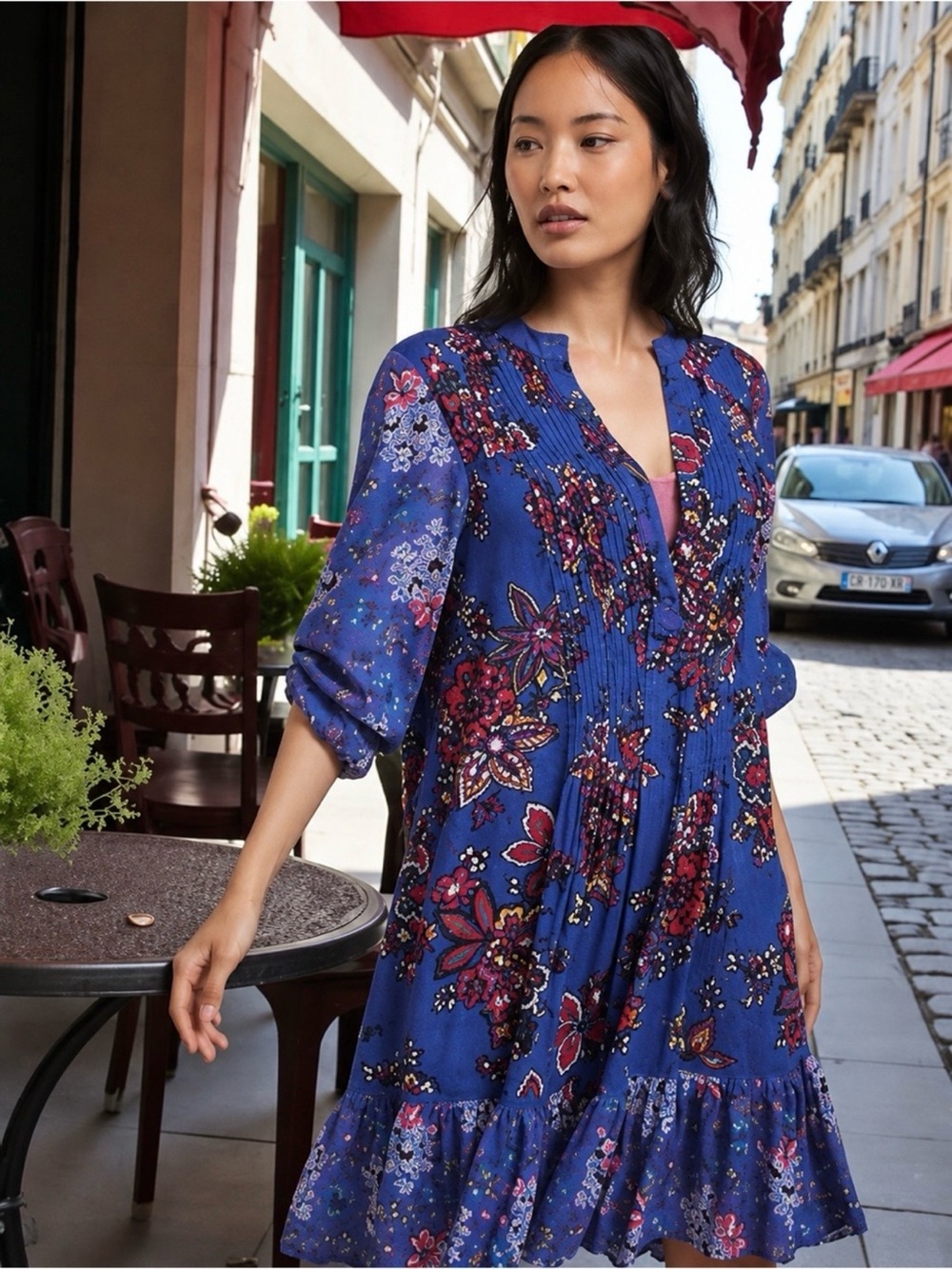 Anthropologie Akemi + Kin Blue Floral Pintuck Swing Dress XS
